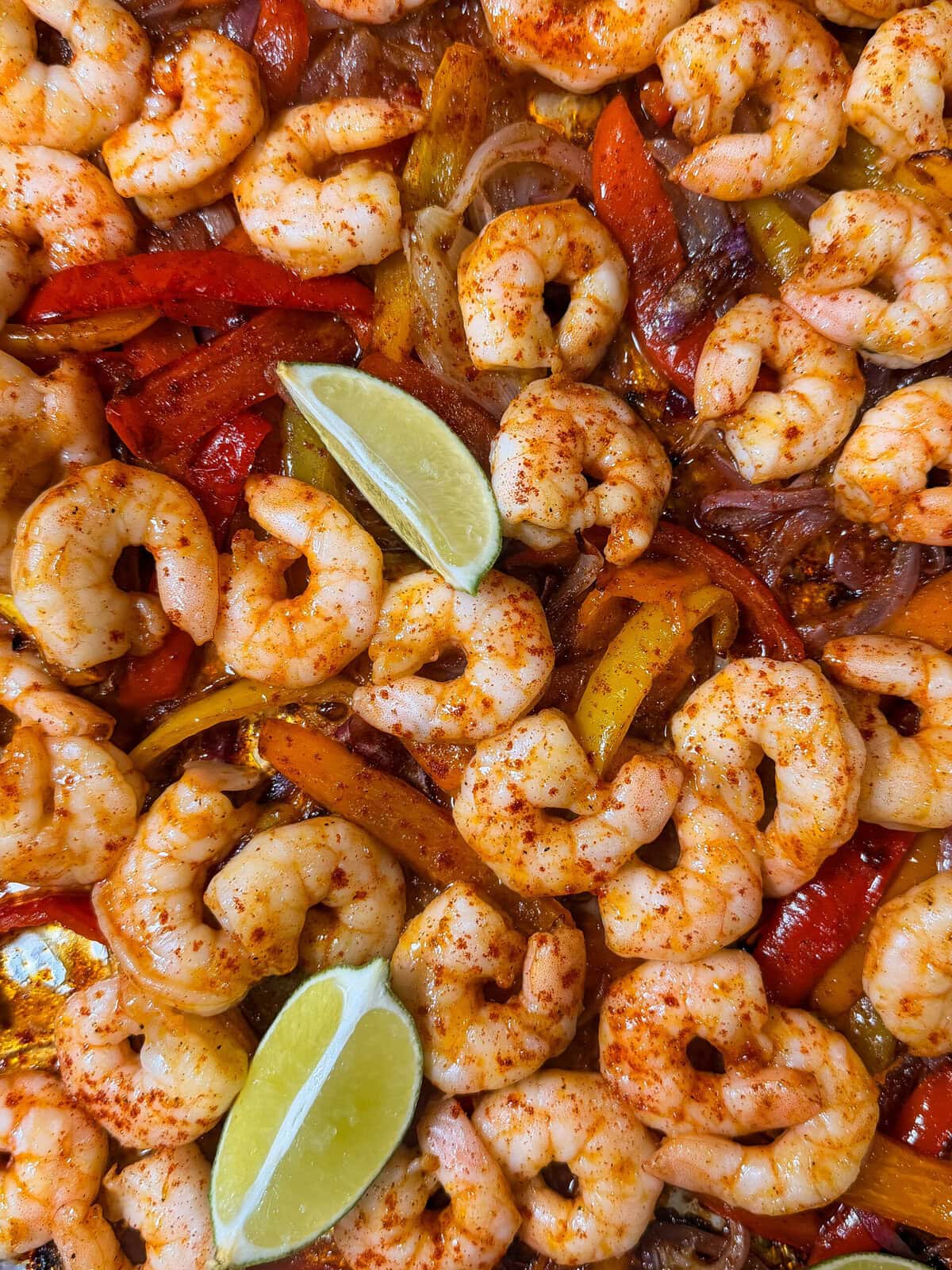 Sheet Pan Shrimp Fajitas cooked with red and yellow bell peppers and onions, seasoned with spices, and garnished with two lime wedges.