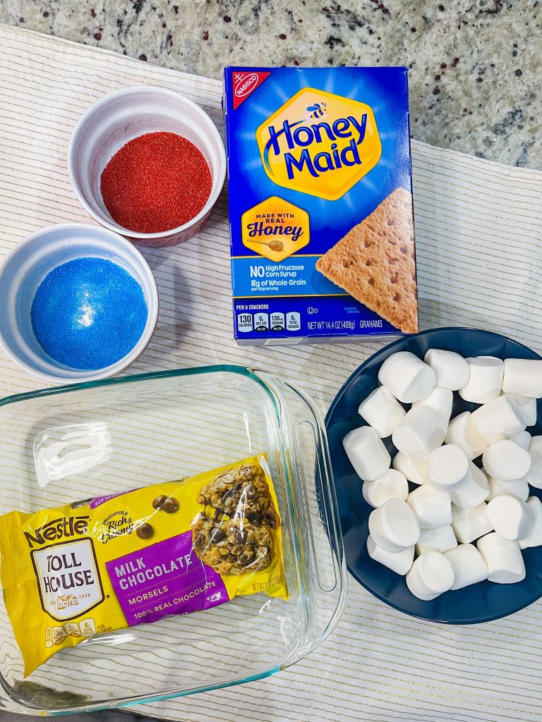 flag s'mores ingredients, chocolate chips, sanding sugar and marshmallows