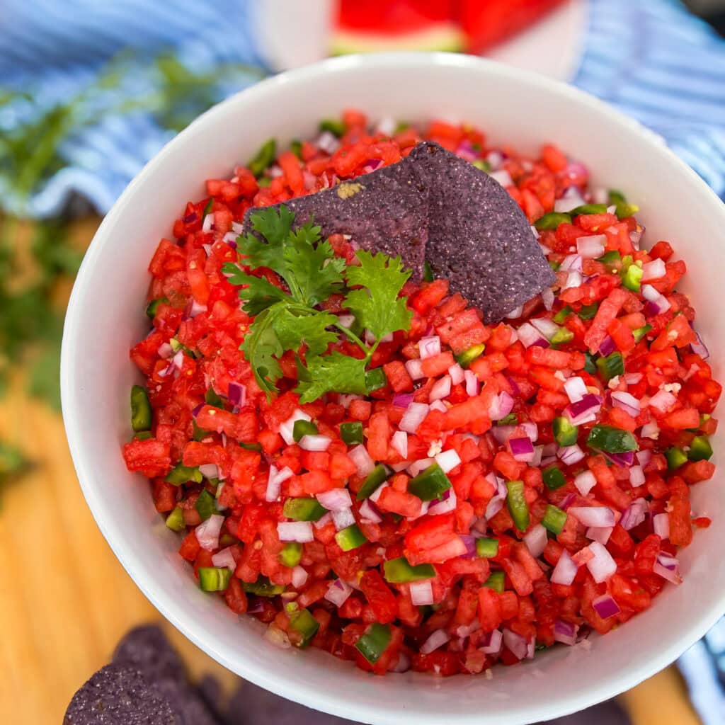 A bowl of fresh salsa, inspired by The Best Watermelon Salsa, made with diced tomatoes, red onions, green peppers, and cilantro, garnished with cilantro leaves and served alongside blue corn tortilla chips.