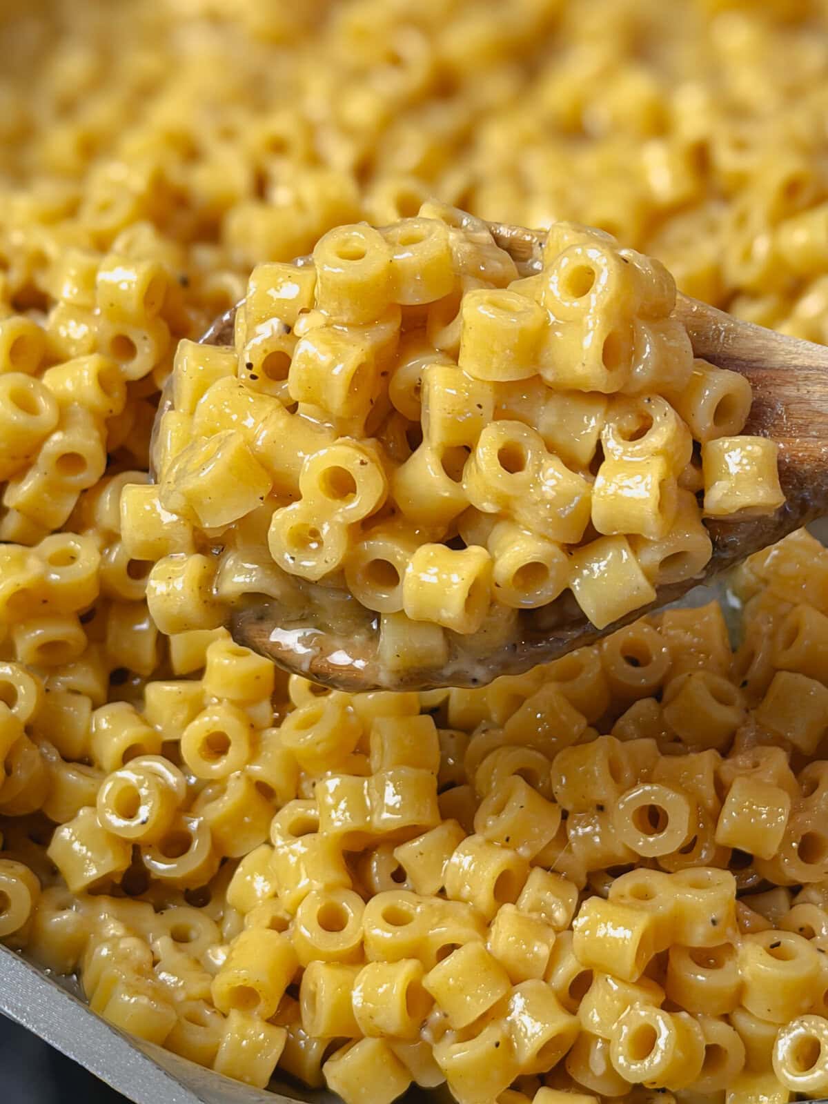 A close-up of cooked ditalini pasta coated in a creamy, cheesy sauce, being stirred with a wooden spoon. The small, tube-shaped noodles are glossy from the sauce—perfect for fans of The Best Buttered Noodles.