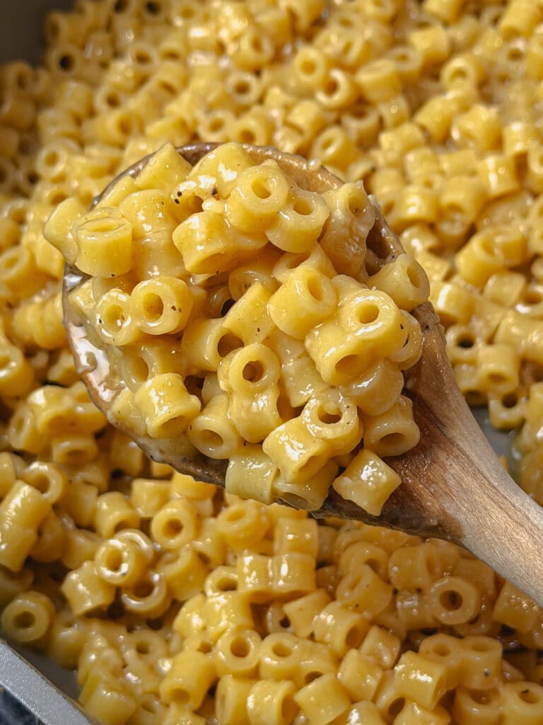 A wooden spoon holds creamy cooked ditalini pasta, coated in a savory sauce like The Best Buttered Noodles, above a pan filled with more of the same pasta.