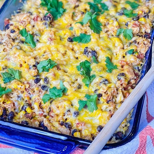 Southwest Chicken Casserole is a quick, easy, and comforting rice and chicken casserole made with pantry staples you probably already have on hand. This is one of my favorite kinds of recipes—it’s a “shop your pantry” dinner. On nights when I don’t feel like cooking much or just haven’t made a big grocery run, this is my go-to. It’s packed with black beans, canned corn, salsa, rice, and chicken. Best part? It’s pretty healthy, too. Bonus!