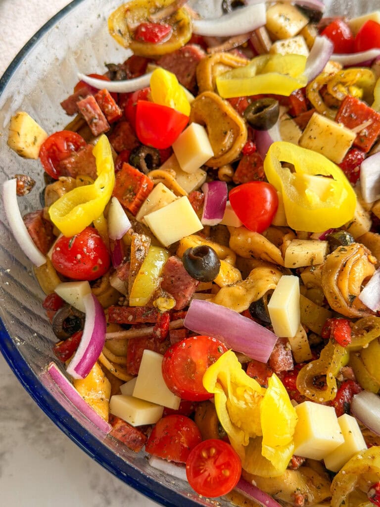 A close-up of an Italian Sub Pasta Salad in a bowl with rotini pasta, cherry tomatoes, cubed cheese, black olives, red onion, pepperoni, banana peppers, and Italian seasoning.