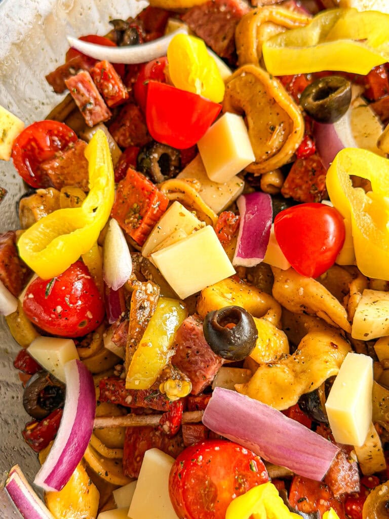 A close-up of an Italian Sub Pasta Salad, featuring cherry tomatoes, cubed cheese, sliced salami, black olives, yellow pepper rings, red onion slices, and marinated mushrooms, all mixed together and seasoned.