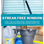 A squeegee cleans a window; below are a bottle of white vinegar, Dawn dish soap, a black bucket, and a yellow sponge. Text reads: Streak Free Window Cleaning Recipeâyour guide to crystal clear glass. stephrealife.com.
