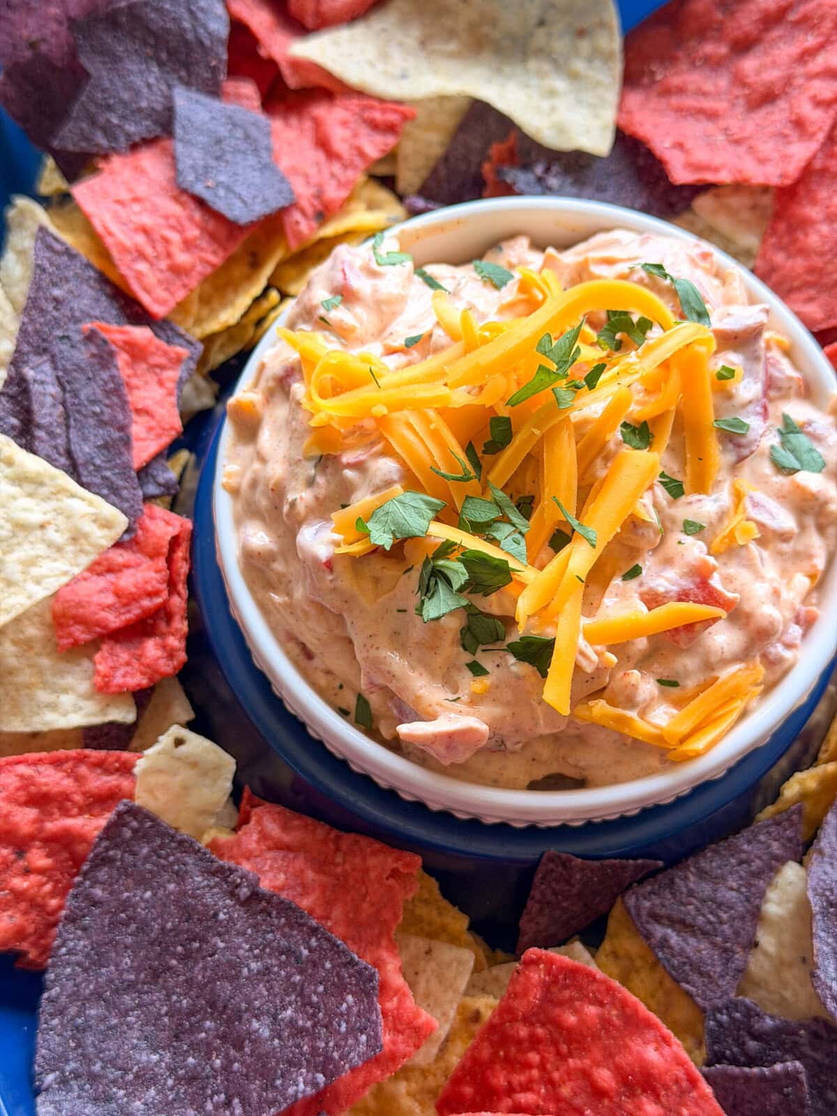 A bowl of creamy dip—The Best Party Dip—topped with shredded cheddar cheese and chopped herbs, surrounded by red, purple, and yellow tortilla chips.