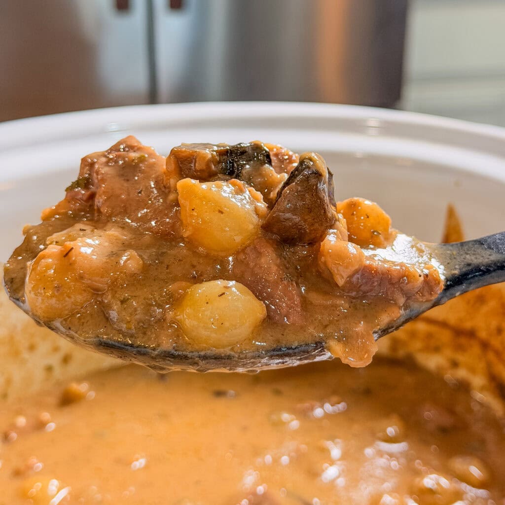 A close-up of a spoonful of hearty beef stew with chunks of meat, potatoes, and pearl onions, held above a crockpot filled with more stew—perfect for serving as the base for comforting Crock Pot Beef and Noodles.