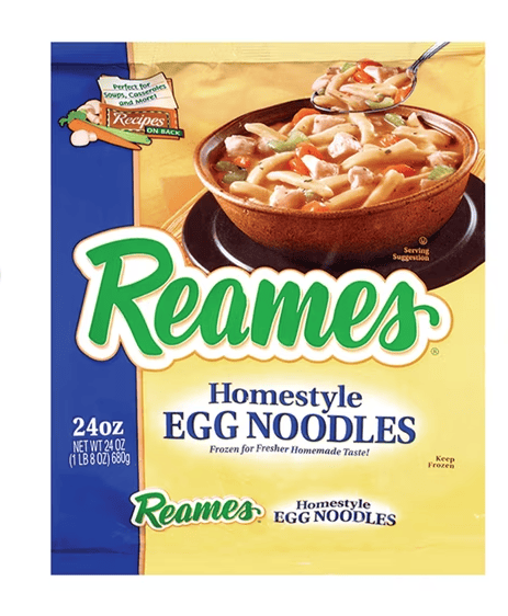 Package of Reames Homestyle Egg Noodles, 24 oz, with an image of a bowl of noodle soup. The text highlights it is frozen for homemade taste and should be kept frozen—perfect for classic comfort dishes like Crock Pot Chicken and Noodles.