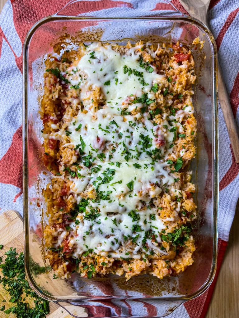 one dish casserole made with diced tomatoes, Italian seasoning, rice, and chicken