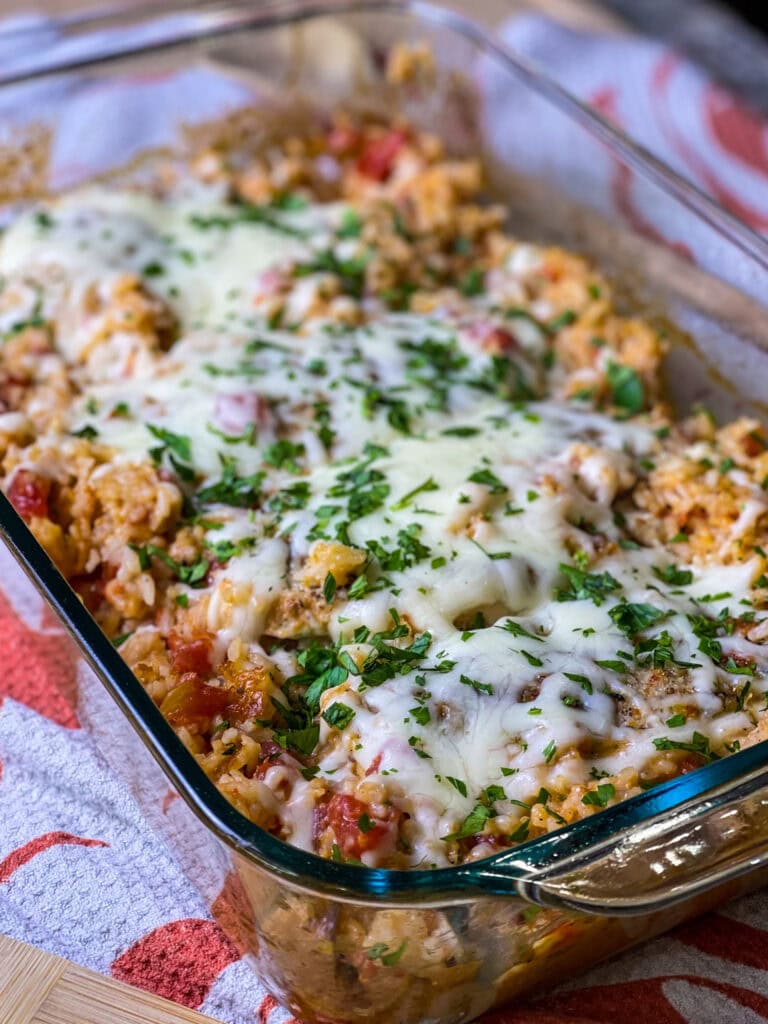 one dish casserole made with diced tomatoes, Italian seasoning, rice, and chicken