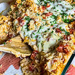 one dish casserole made with diced tomatoes, Italian seasoning, rice, and chicken