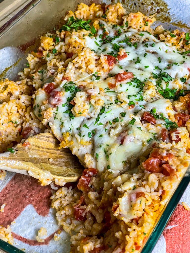 one dish casserole made with diced tomatoes, Italian seasoning, rice, and chicken