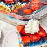 “Layered patriotic pretzel salad with red and blue Jello”