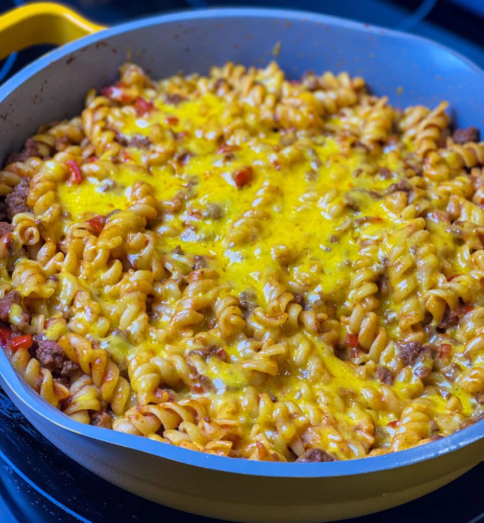 Sloppy Joe Pasta-savory beef, zesty sauce, and a touch of sweetness—all tossed with tender rotini and topped with melty cheddar cheese