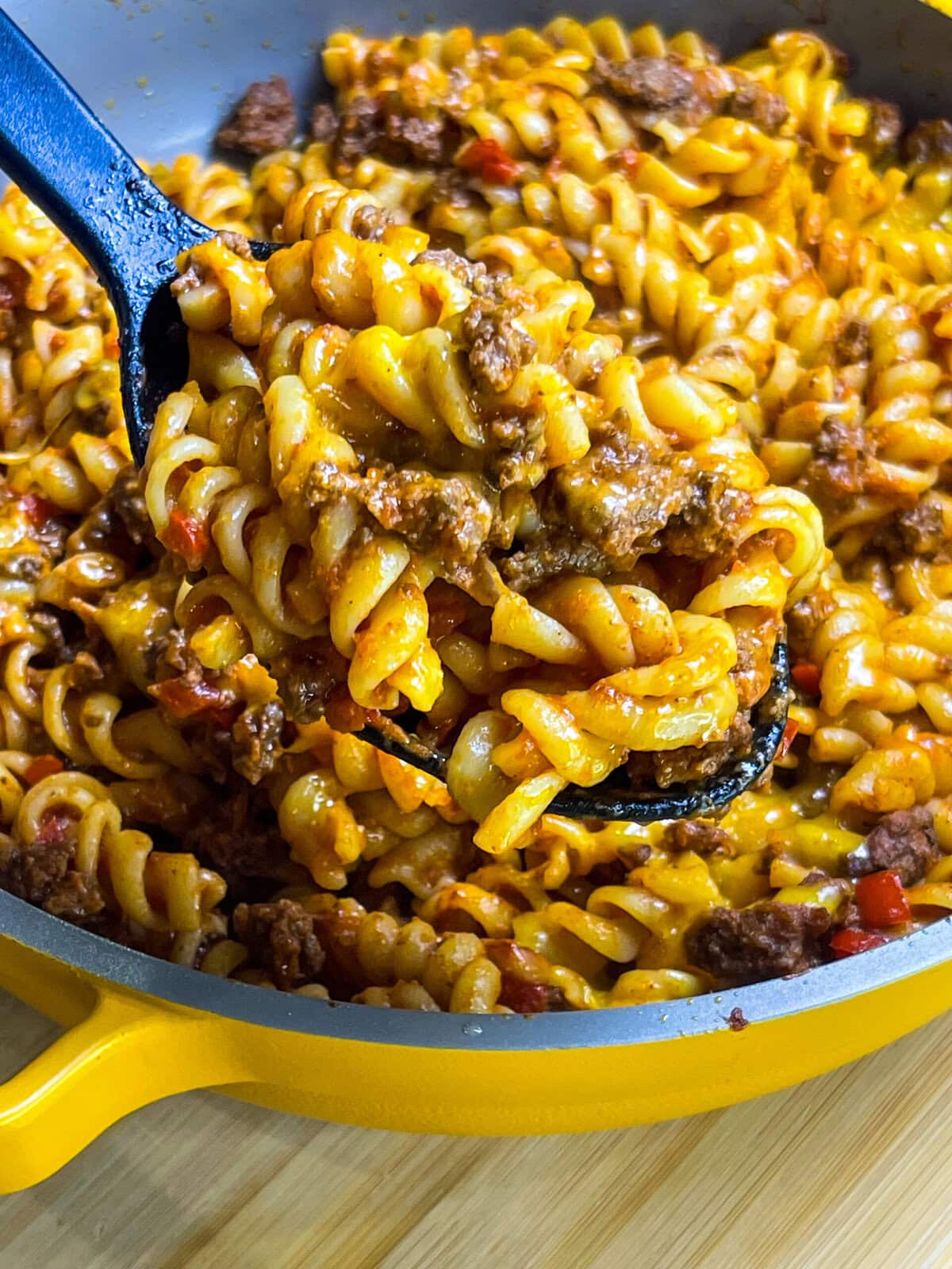 Sloppy Joe Pasta-savory beef, zesty sauce, and a touch of sweetness—all tossed with tender rotini and topped with melty cheddar cheese