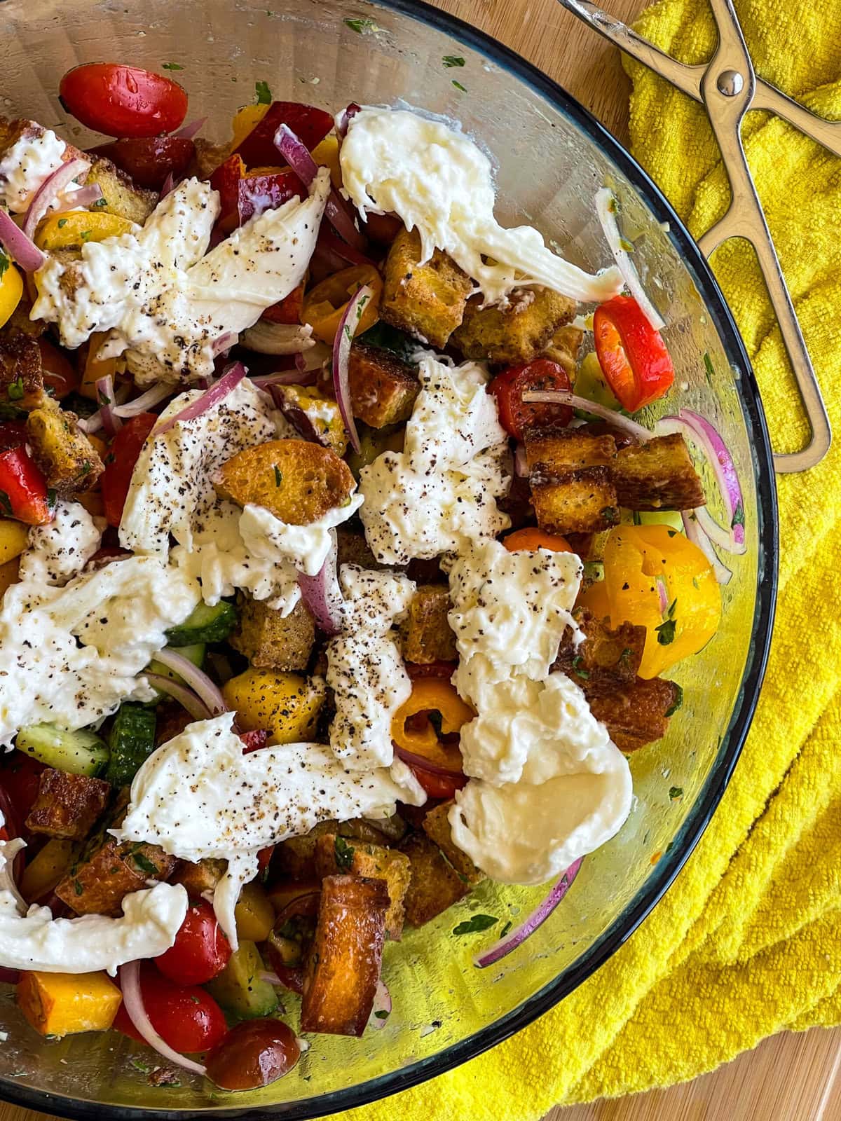panzanella salad made with fresh nectarines, tomatoes, onion, bell peppers, English cucumbers, and homemade garlic croutons in a tangy Dijon vinaigrette with burrata cheese