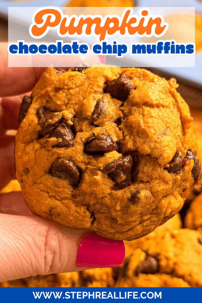 A hand with pink nail polish holds a Pumpkin Chocolate Chip Muffin. The muffin is golden orange and studded with chocolate chips. Text above says Pumpkin Chocolate Chip Muffins, and a website link appears at the bottom.