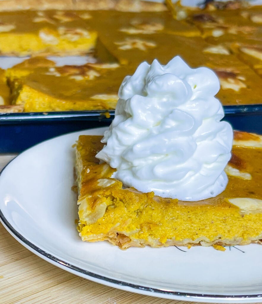 pumpkin pie made in a sheet pan topped with whipped cream
