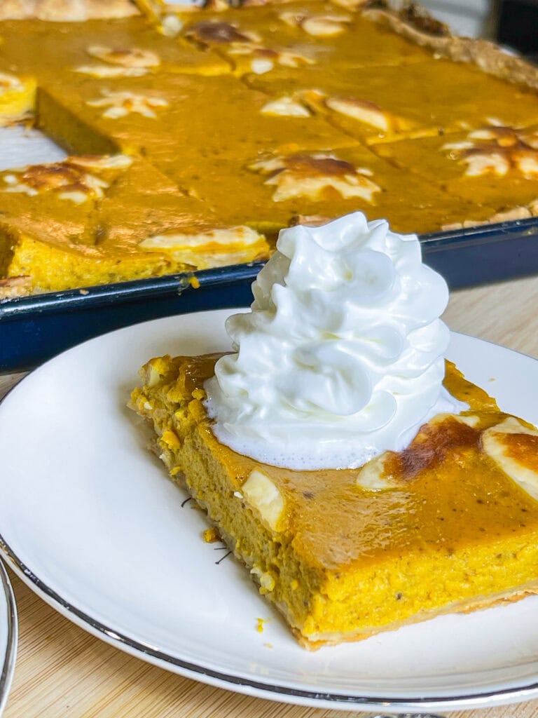 pumpkin pie made in a sheet pan topped with whipped cream