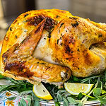 a whole roasted turkey with fresh herbs underneath on a serving platter