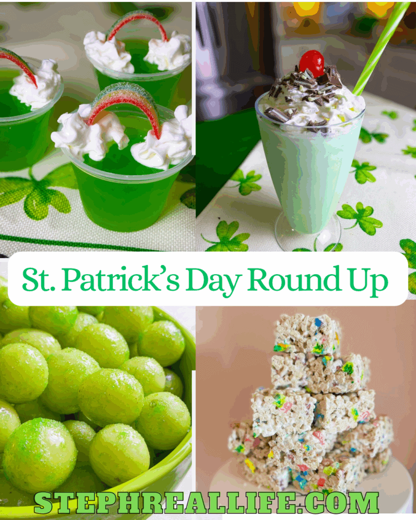 A collage of green St. Patrick’s Day treats: green Jello cups with whipped cream and gummy candies, a green milkshake with whipped cream and a cherry, green glittery cake balls, and stacked Rice Krispie treats with colorful sprinkles.