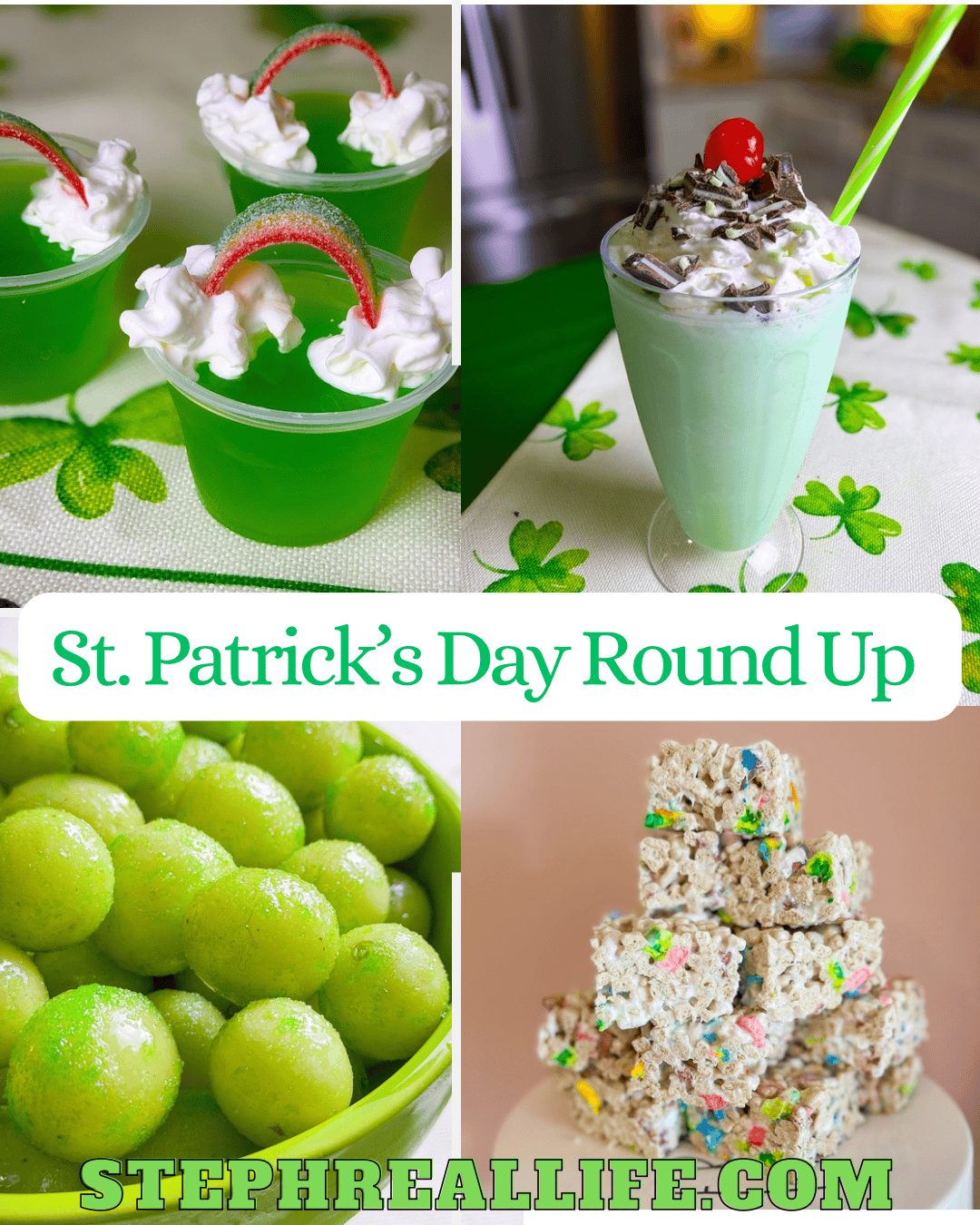 A collage of green St. Patrick’s Day treats: green Jello cups with whipped cream and gummy candies, a green milkshake with whipped cream and a cherry, green glittery cake balls, and stacked Rice Krispie treats with colorful sprinkles.