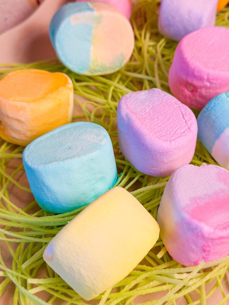 Colorful pastel marshmallows rest on a bed of green string. The marshmallows come in shades of blue, yellow, pink, and orange, with some featuring a gradient of colors.