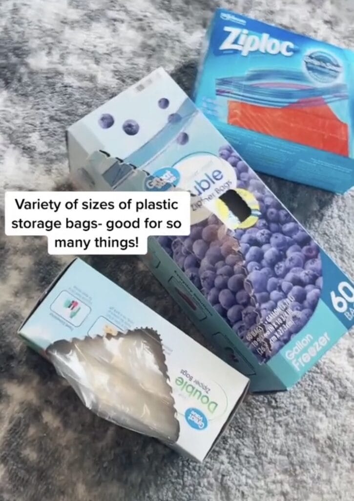 A variety of plastic storage bag boxes, including Ziploc and other brands, are displayed on a gray textured surface. A caption reads, Variety of sizes of plastic storage bags- good for so many things!.