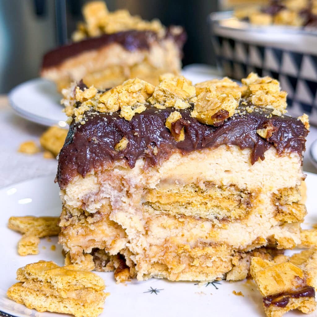 A close-up of a layered dessert with creamy filling, chocolate topping, and crumbled cookies on top, served on a white plate. More dessert and crumbled cookies are visible in the background.