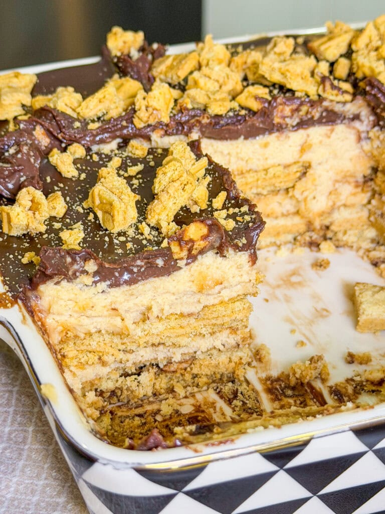 A rectangular dish of layered dessert with chocolate topping and crumbled cookies, featuring several visible layers inside and a large piece missing from one side.