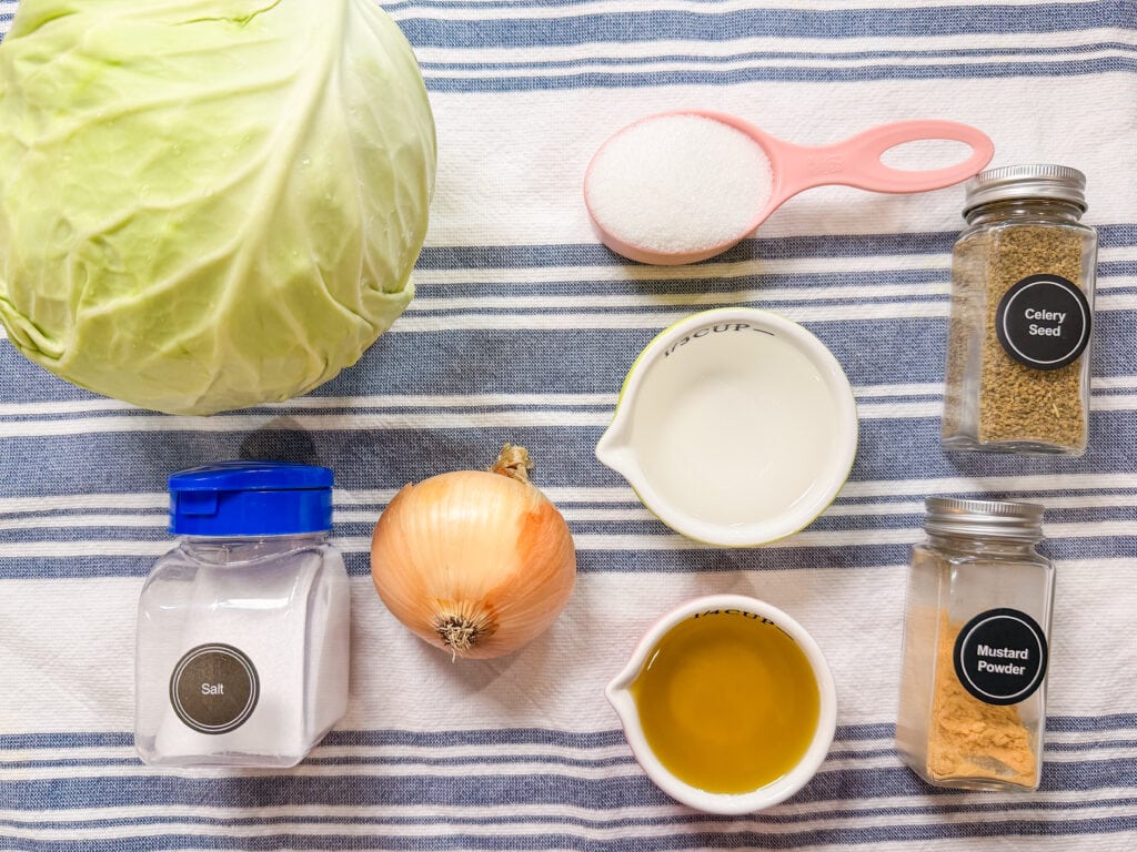 Overhead view of cabbage, an onion, a blue-lidded salt container, a pink scoop of sugar, small bowls of vinegar and oil, and jars labeled celery seed and mustard powder on a striped cloth.
