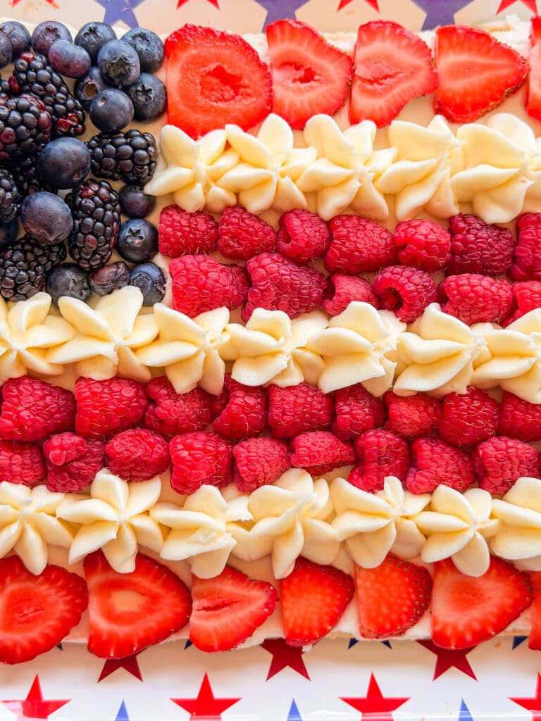 A dessert decorated like the American flag, with blueberries and blackberries in the top left corner, strawberries and raspberries as red stripes, and piped white cream as white stripes. The dessert is on a star-patterned tray.