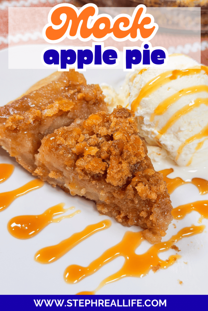 A slice of mock apple pie with a crumb topping, served next to a scoop of vanilla ice cream, both drizzled with caramel sauce on a white plate. Text on image reads Mock apple pie and a website URL.
