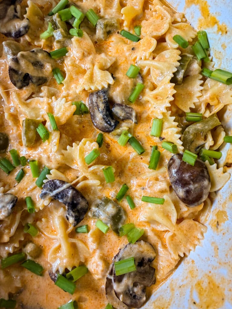 Bowtie pasta in a creamy orange sauce with mushrooms and topped with chopped green onions.