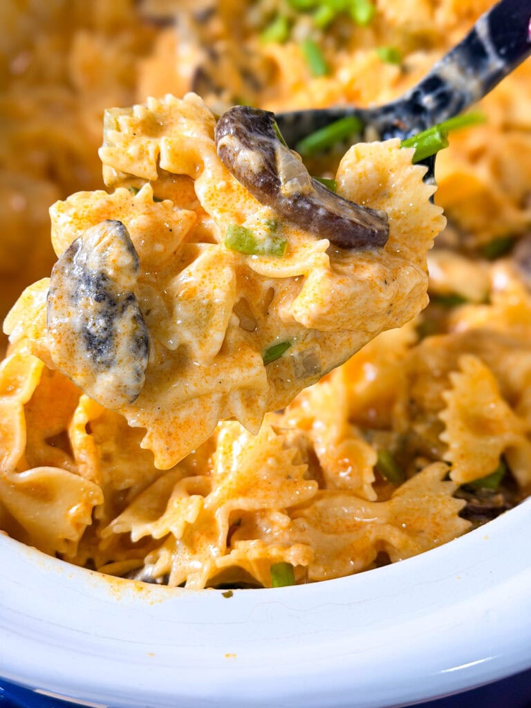 A close-up of creamy bowtie pasta with mushrooms and herbs being lifted from a dish with a spoon.