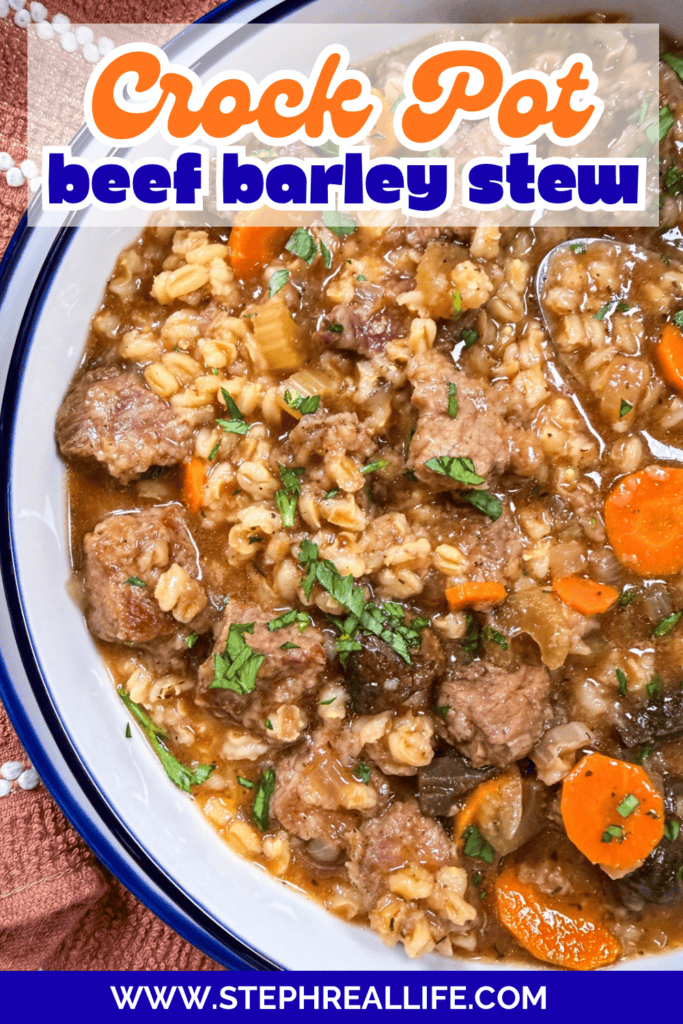 A bowl of beef barley stew with chunks of beef, carrots, celery, and barley in broth. Text overlay reads Crock Pot beef barley stew. Website URL appears at the bottom.