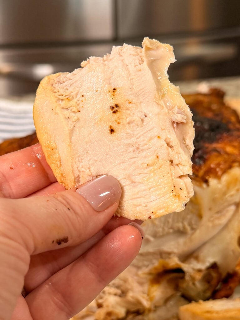 A hand with painted nails holds a slice of cooked, seasoned chicken breast in front of a whole roasted chicken.