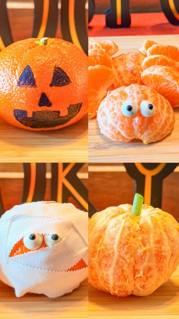 Four clementines used for easy Halloween food ideas: one drawn like a jack-o-lantern, one with googly eyes, one wrapped like a mummy, and one with a green stem.