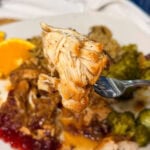 A metal fork holding a piece of shredded, cooked chicken breast over a plate with broccoli, cranberry sauce, and orange slices.