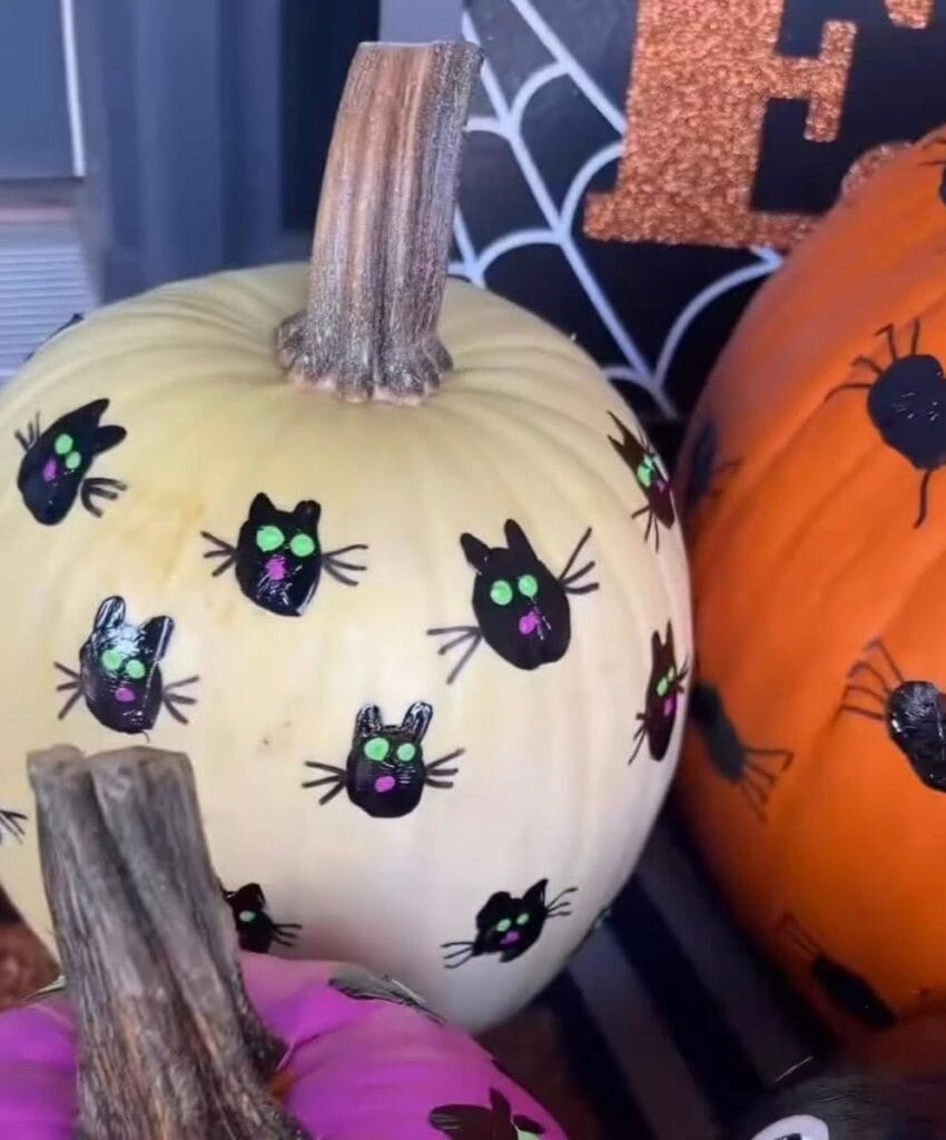 A light-colored pumpkin decorated with black painted cat faces, sitting next to a bright orange pumpkin with similar cat accents.