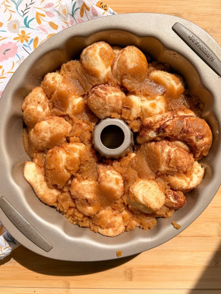 Monkey bread in a circular Bundt pan.